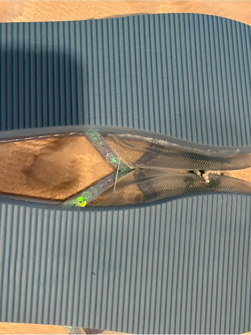 Kids Floral Beaded Blue Slide Sandals - Comfort Slip-On
